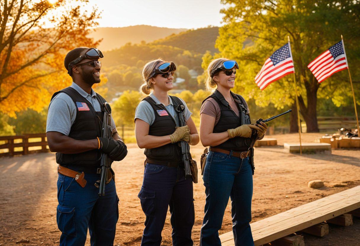 A diverse group of responsible gun owners at a community shooting range, showcasing safety and camaraderie, with American flags and the sun setting in the background. Emphasize smiles, safety gear, and a sense of community. Elements of nature around them create an enriching atmosphere. super-realistic. vibrant colors. warm lighting.