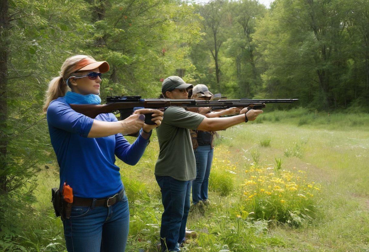 A serene outdoor setting showcasing a diverse group of people at a gun range, engaging in safe and responsible firearm practices with smiles and focus. Include vibrant colors of nature, clear blue skies, and gentle sunlight filtering through trees, emphasizing a sense of community and enjoyment. Incorporate safety gear and firearms marked for training purposes, along with targets displaying friendly designs. super-realistic. vibrant colors. outdoor setting.